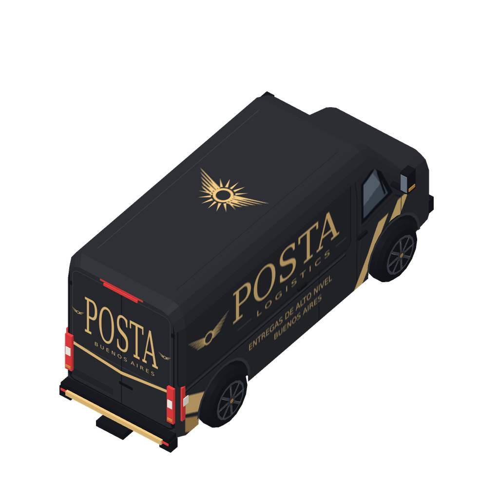 Render of a dark POSTA Logistics van with gold lettering and a sun-and-wings mark
